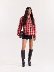 Red & White Checkered Seersucker Cropped Shirt